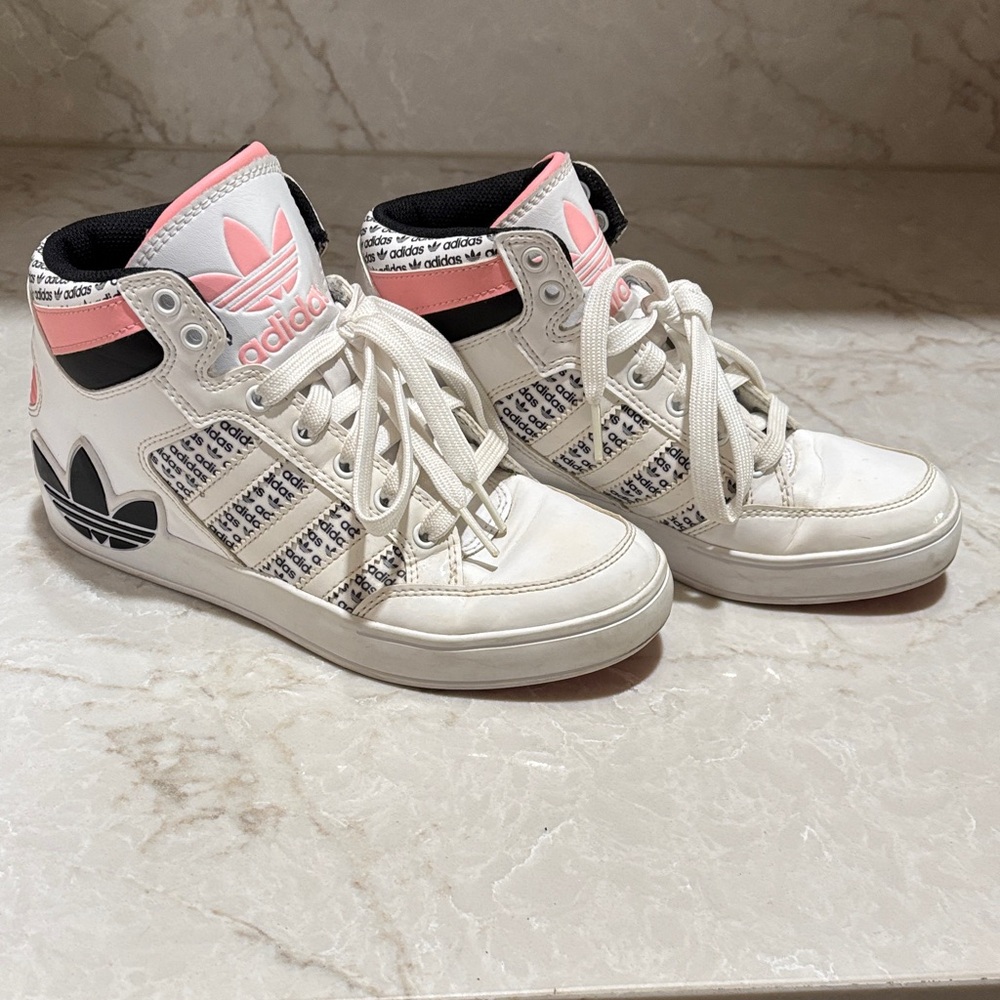 Adidas White Sneakers with Pink Highlights